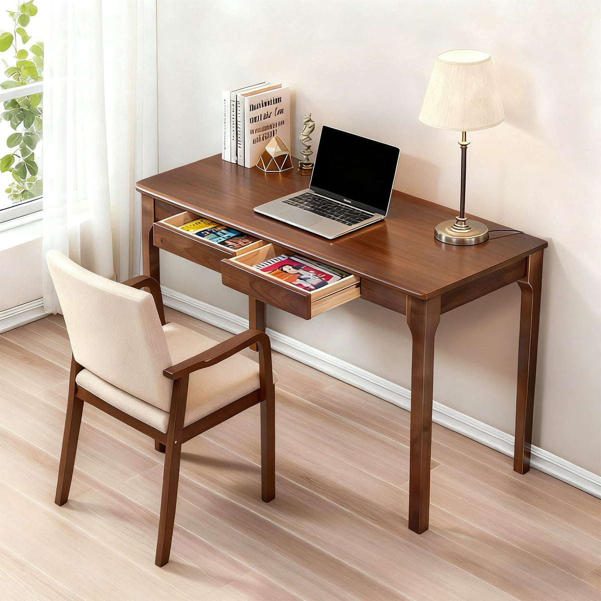 Walnut Solid Wood Desk - 47" Home Office Table for Living Room