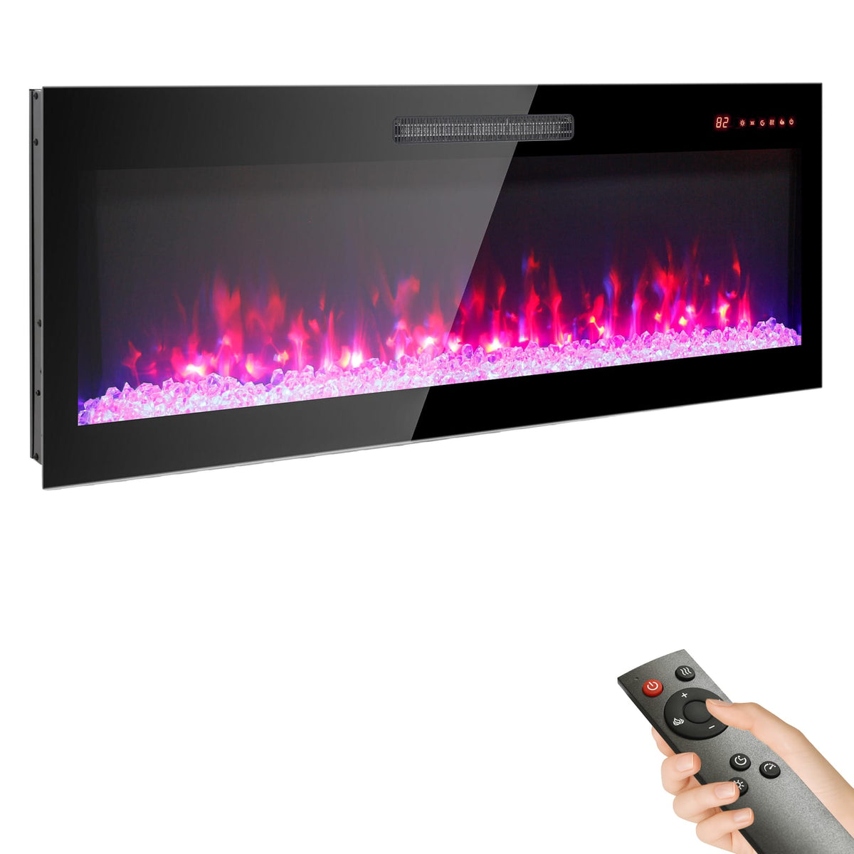 Living Room 50 Inch Antique Black Tempered Glass Fireplace - Wall Mounted Electric