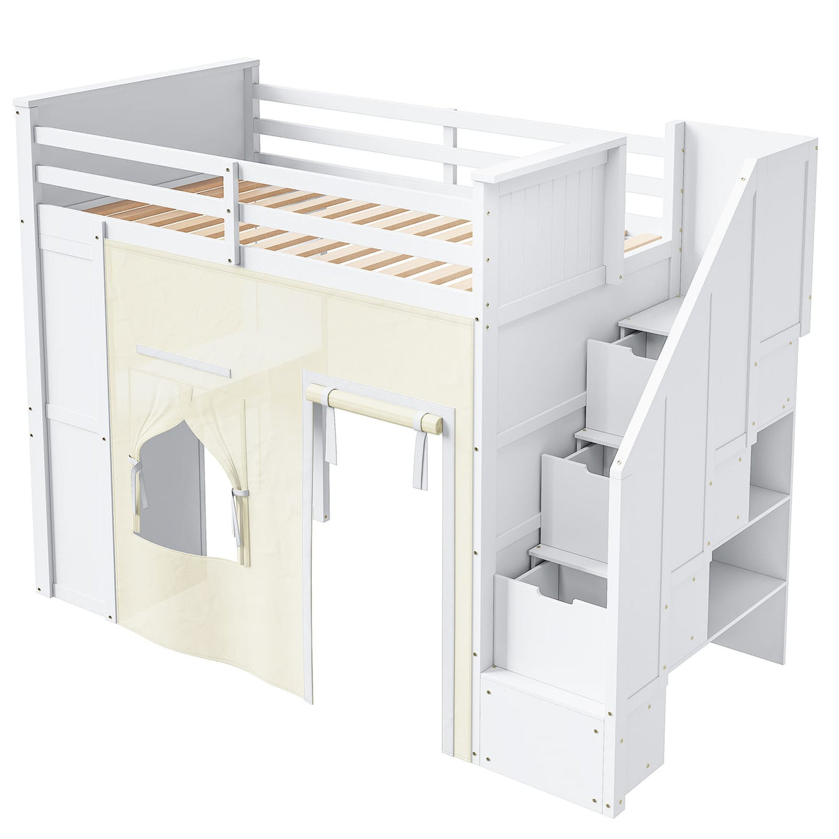 Twin Size Loft Bed with Desk - White MDF, Pine