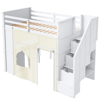 Twin Size Loft Bed with Desk - White MDF, Pine