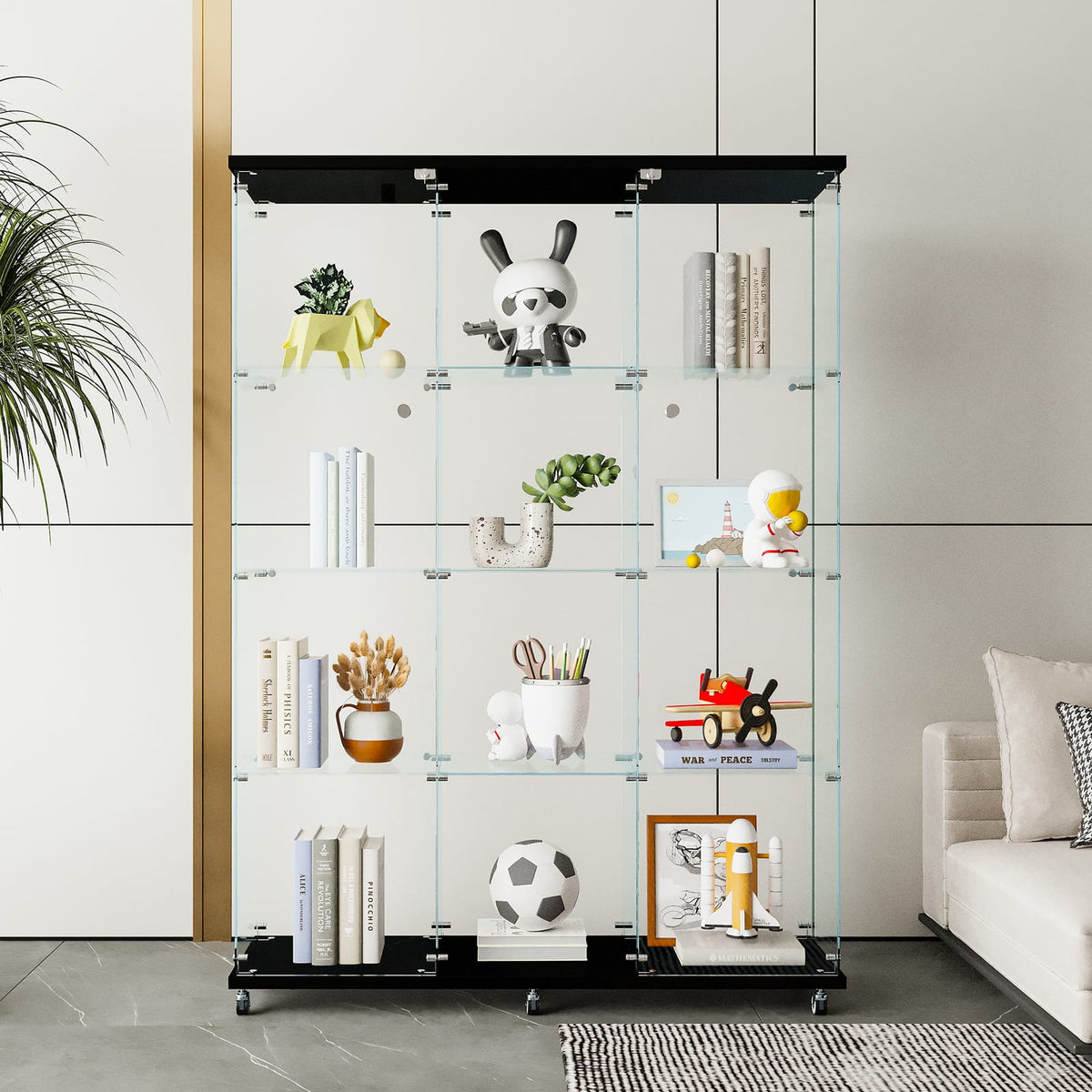Large Black Glass Display Cabinet - 4 Shelves for Living Room, Office, or Home Office