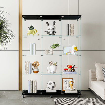 Large Black Glass Display Cabinet - 4 Shelves for Living Room, Office, or Home Office