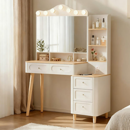 White Makeup Vanity with Mirror & Lights - Storage Drawer Set