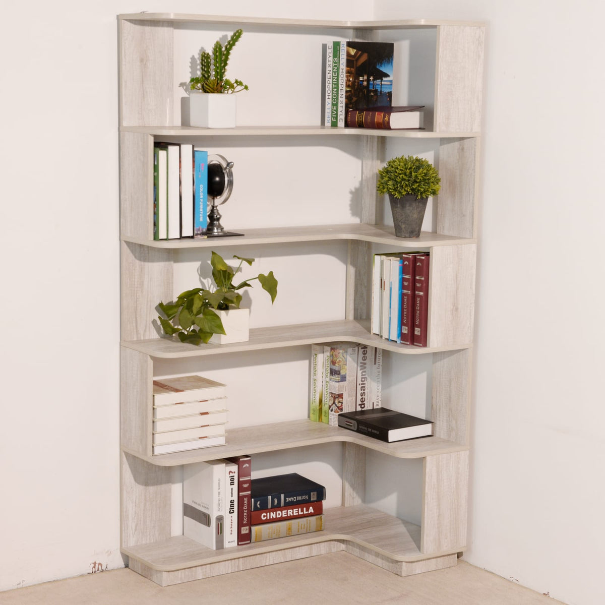 90cm Corner Bookshelf - Light Gray MDF Display Cabinet