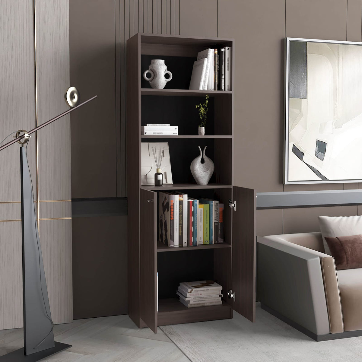 Multicolor 2 Door Bookcase with 5 Shelves MDF Display Unit