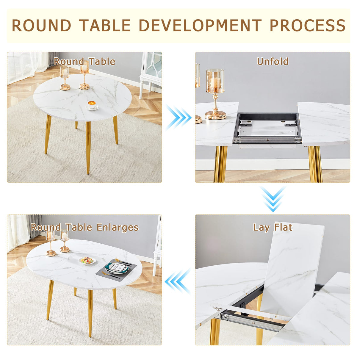 Extendable Round Dining Table - White+Gold MDF Metal for Dining Room