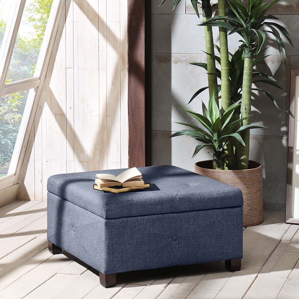 Blue Polyester Storage Ottoman - 29.5" Square