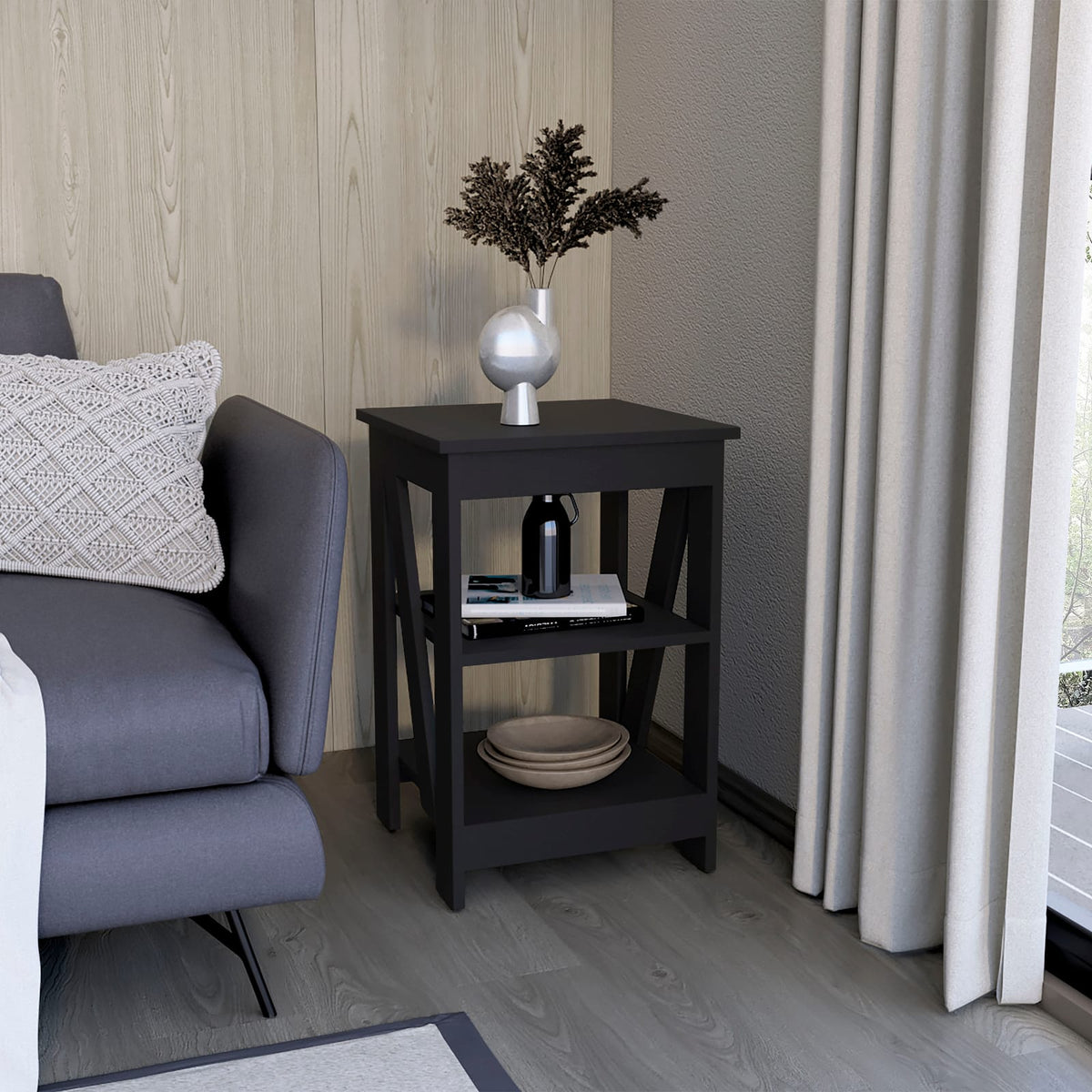 Black Rectangle Nightstand with 3 Shelves - Modern Side Table for Bedroom