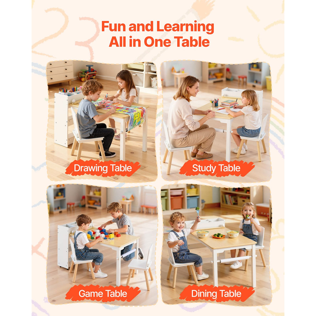 White Kids Art Table Set with 3 Storage