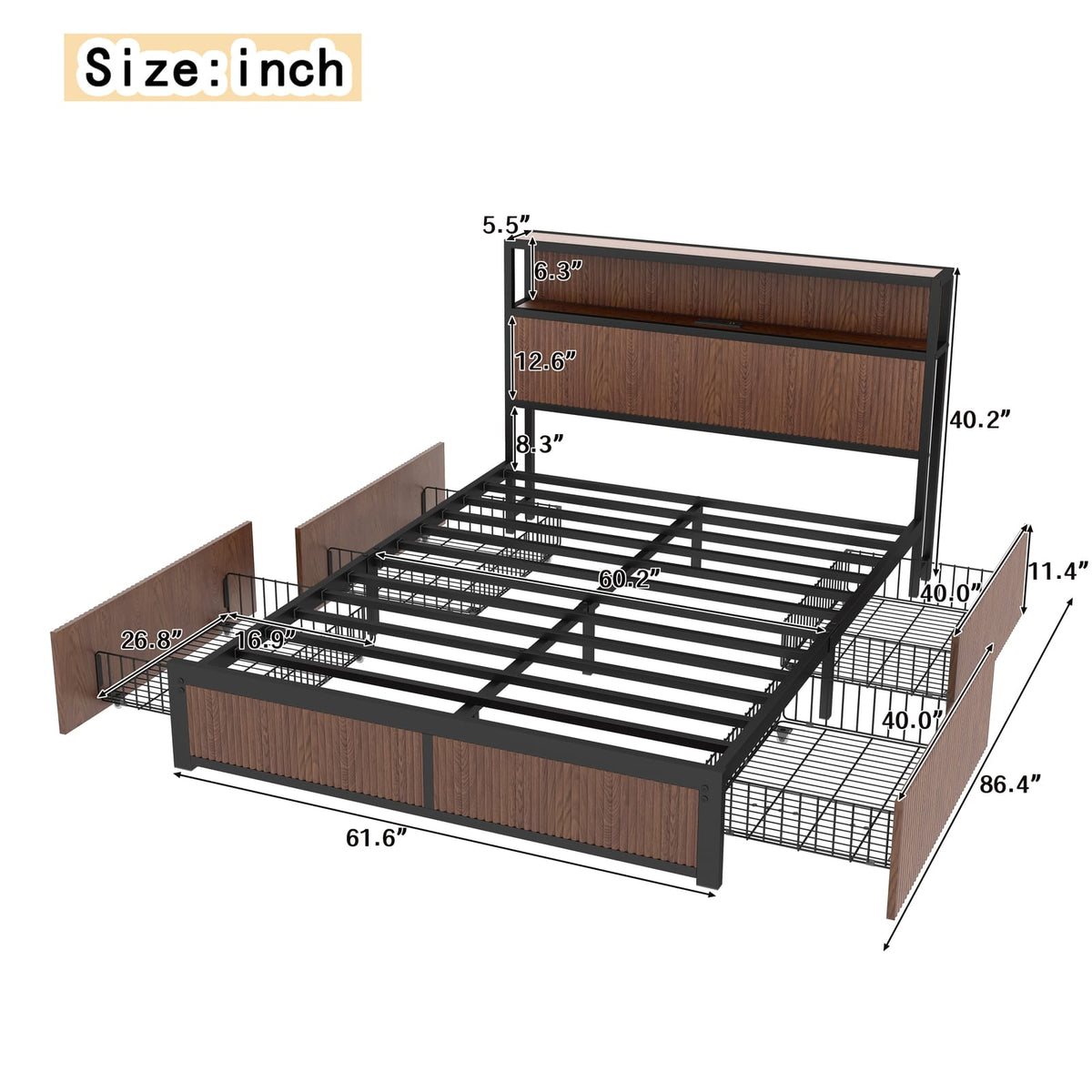 Queen Iron Bed Frame with Natural Wood Headboard & Storage for Bedroom