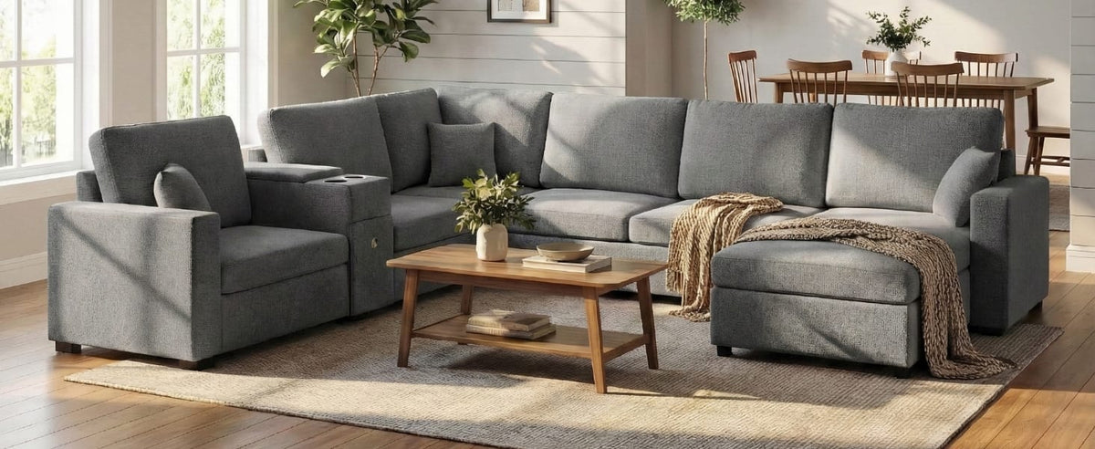 Grey 5 Seat Chenille Sectional Sofa - Primary Living Space