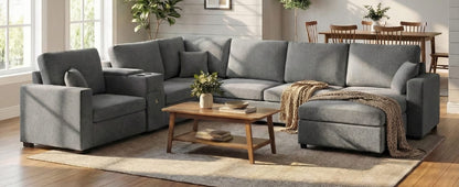 Grey 5 Seat Chenille Sectional Sofa - Primary Living Space