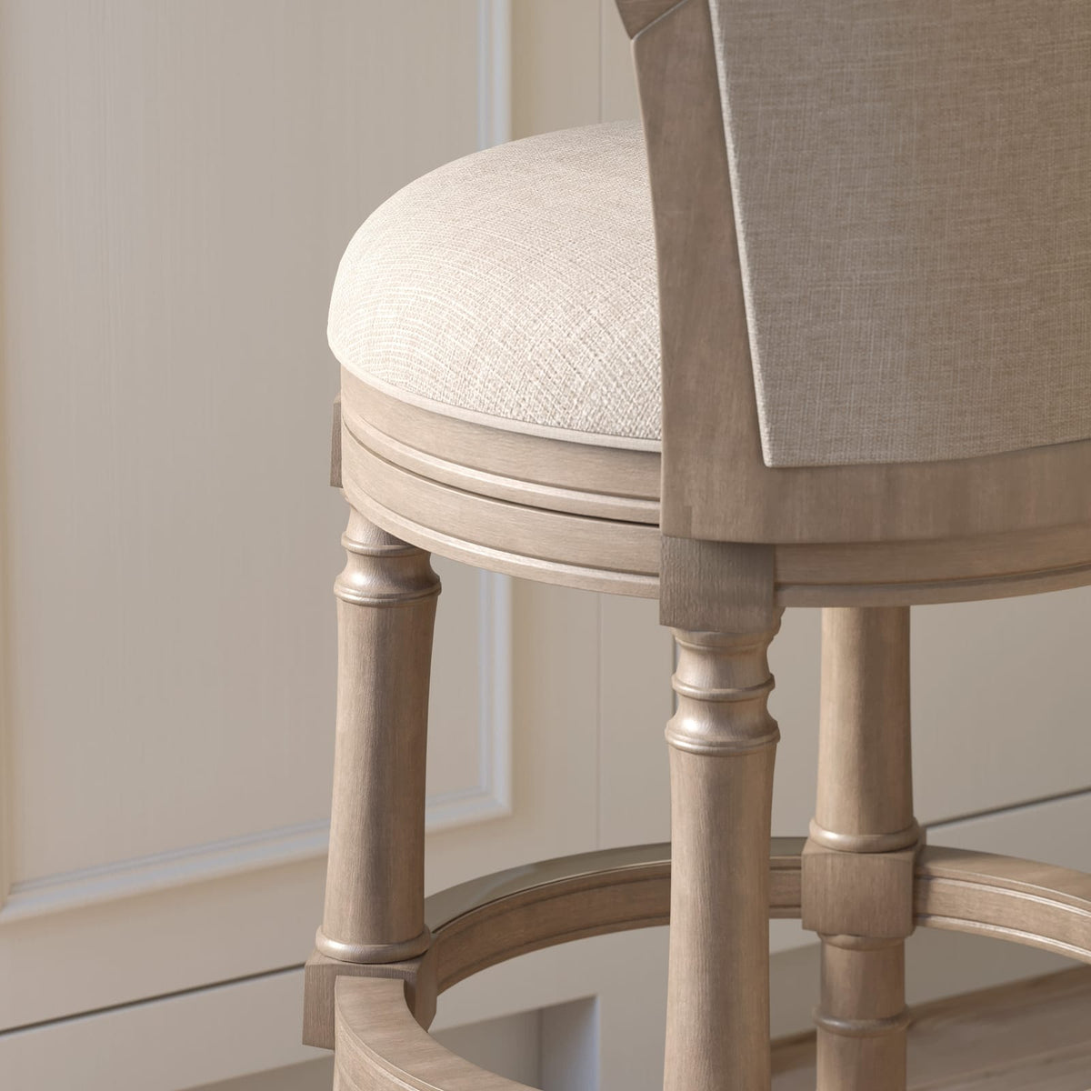 31" Wood Barrel-Back Bar Stool - Gray & Beige, Swivel Seat