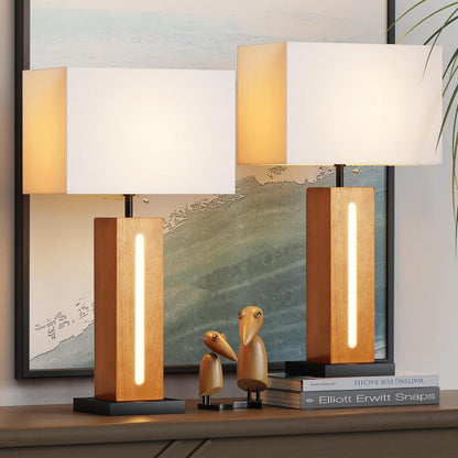 Modern Table Lamps Set of 2 - Black & Orange Metal Wood Grain