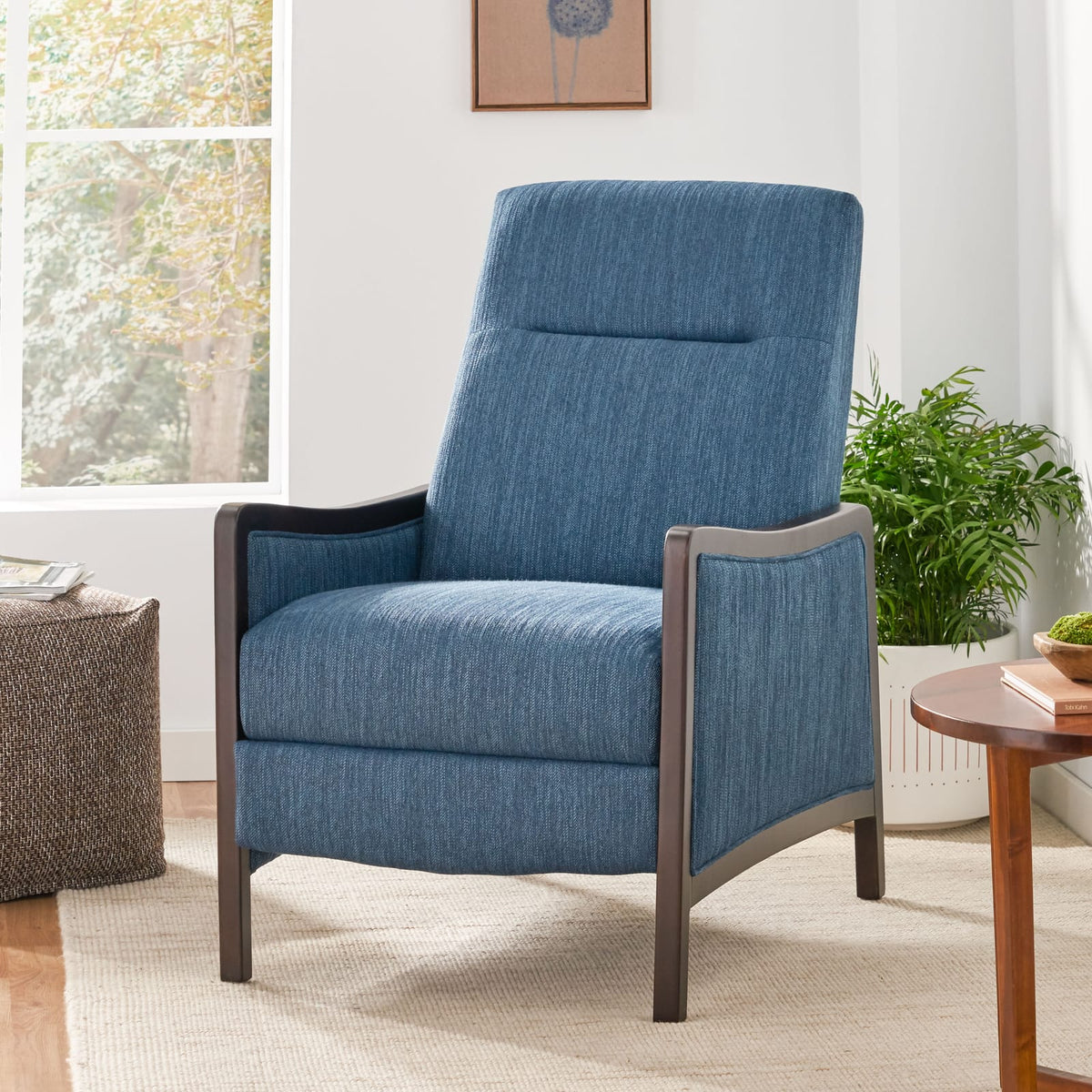 Navy Blue Fabric Recliner Mid-Century Modern Style - Pushback Sofa