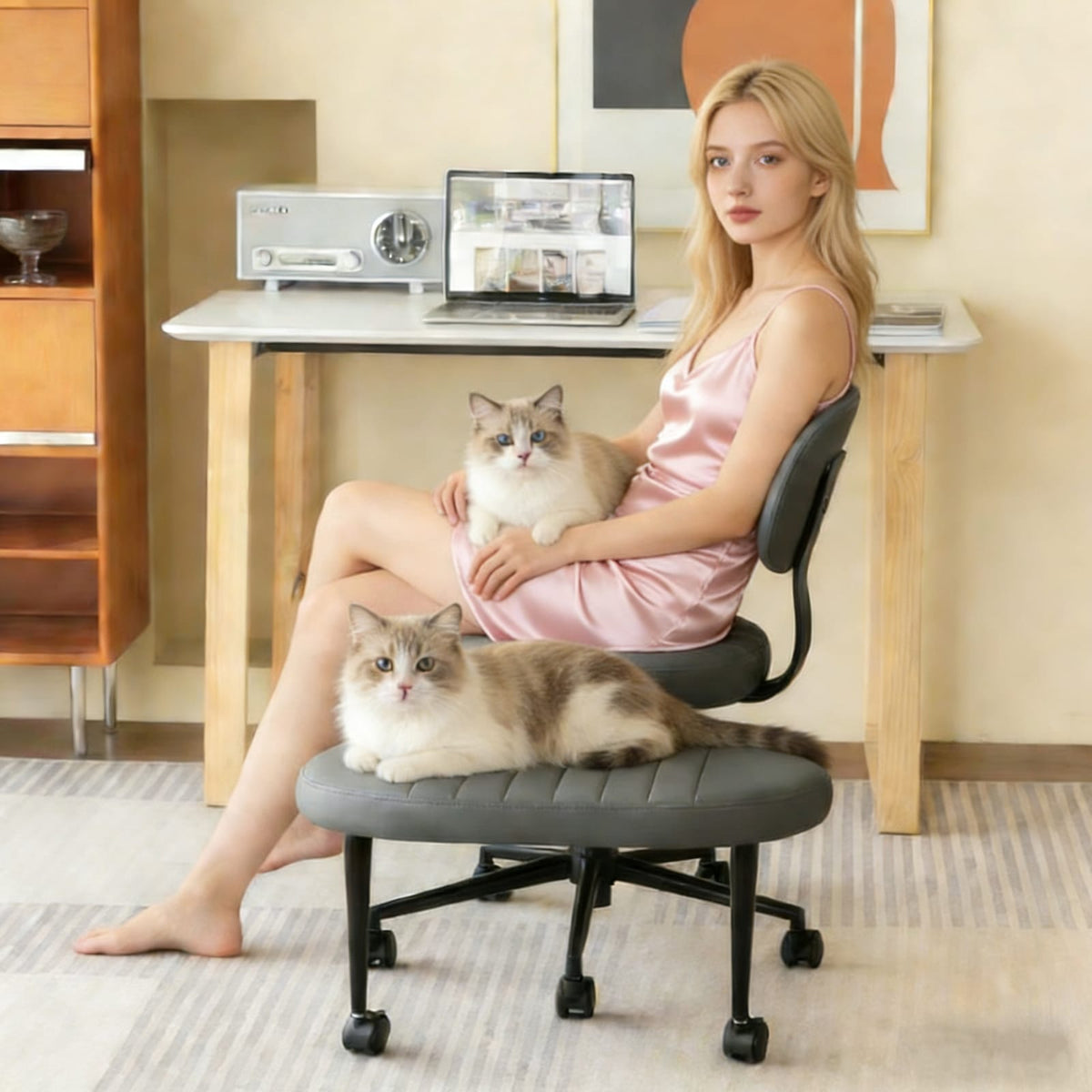 Ergonomic Cross Legged Chair - Grey Faux Fur Meditation Office Chair