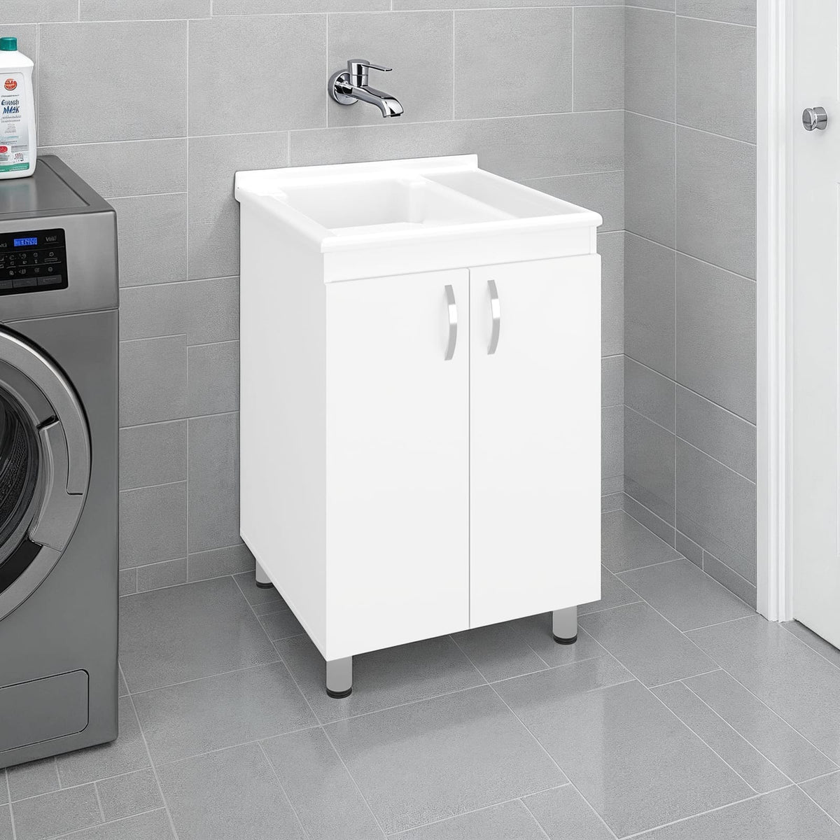 White Utility Tub Cabinet - 34.6" Freestanding Sink Storage