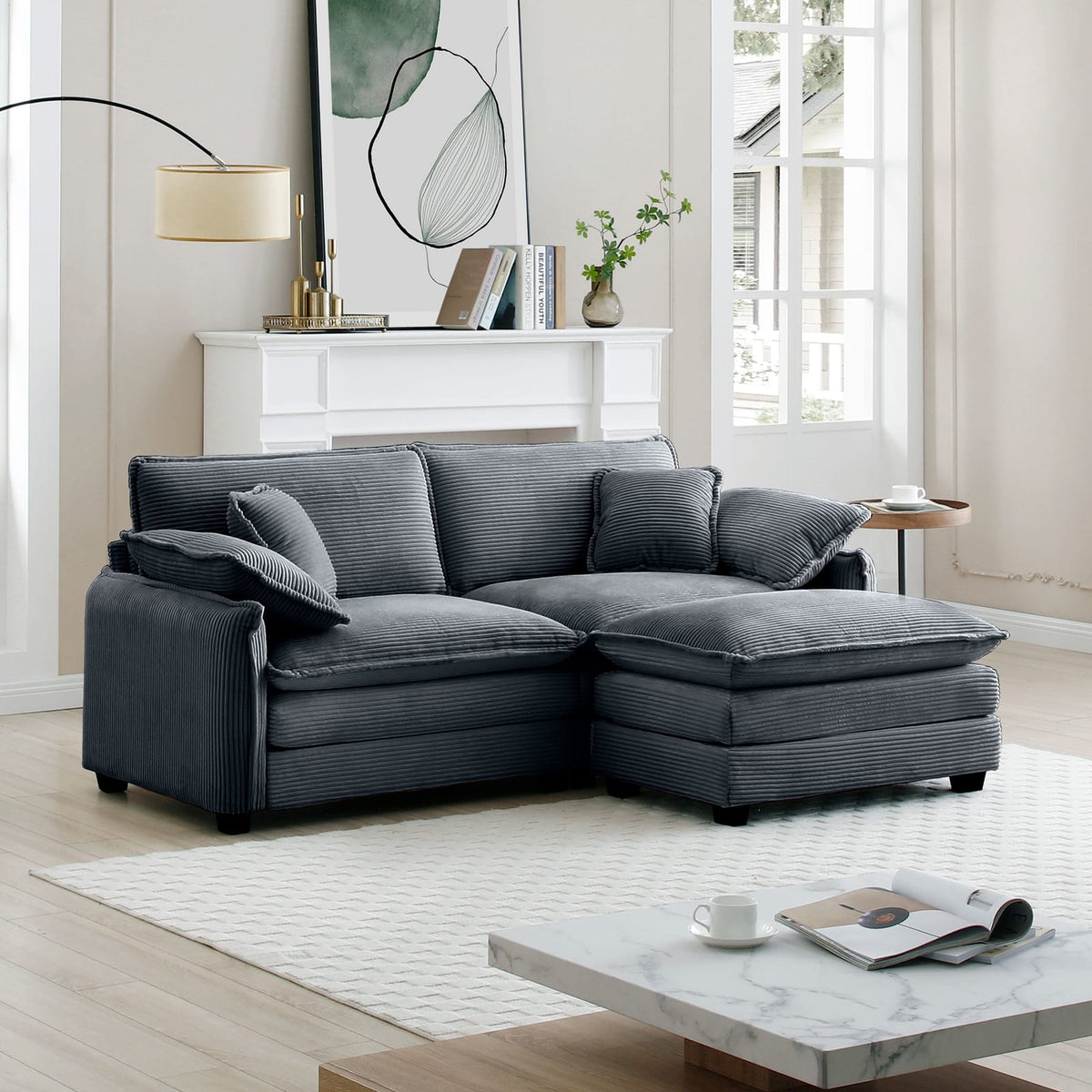 Grey Corduroy 2-Seat Sofa with Footstool - Perfect Living Room Addition