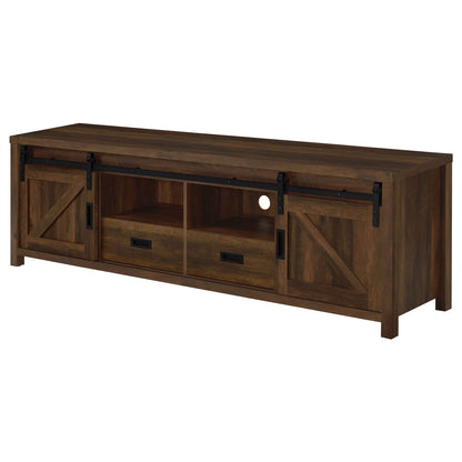 70-79 Inch Brown Wood Metal TV Stand with 2 Doors