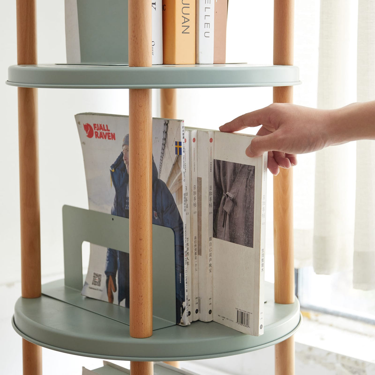 3-Tier Rotating Bookshelf - Blue Beech Wood for Living Room