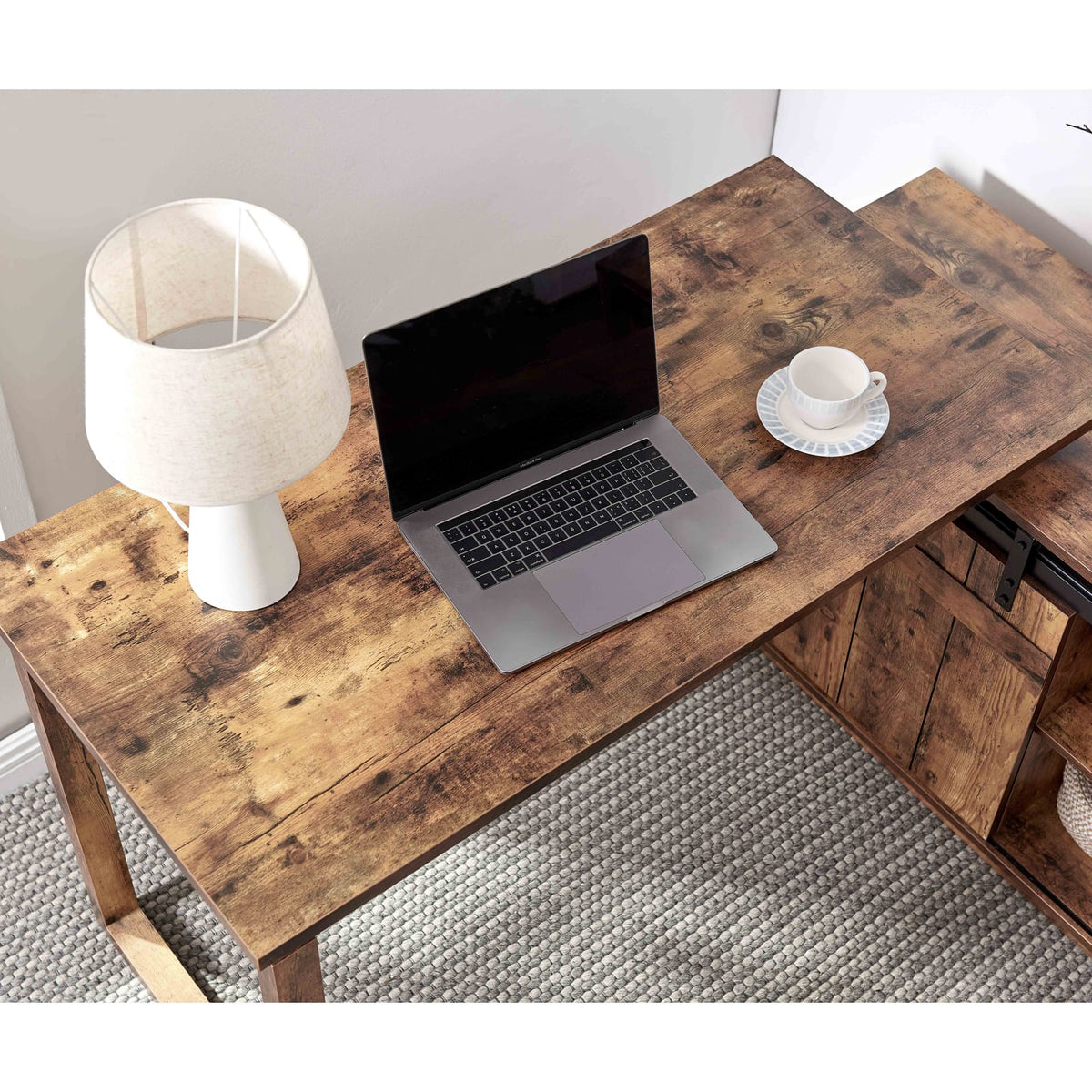 L-Shaped Desk with Storage Credenza - Brown for Home Office