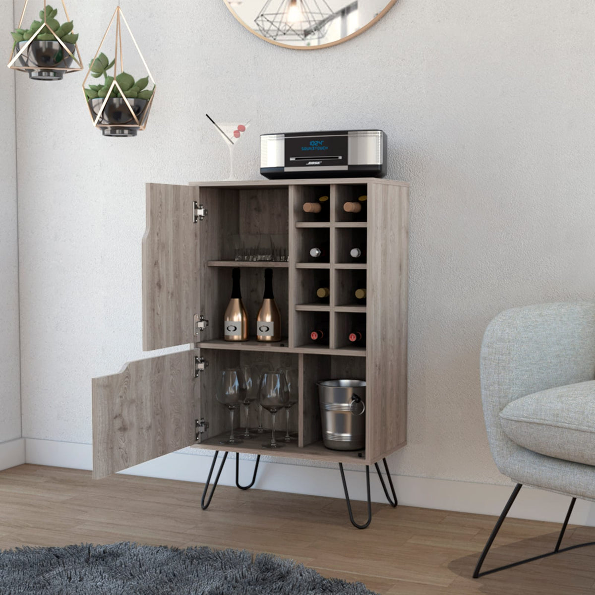 Light Oak 8 Shelf Bar Cabinet - 13.3 x 23.9 x 40.9"