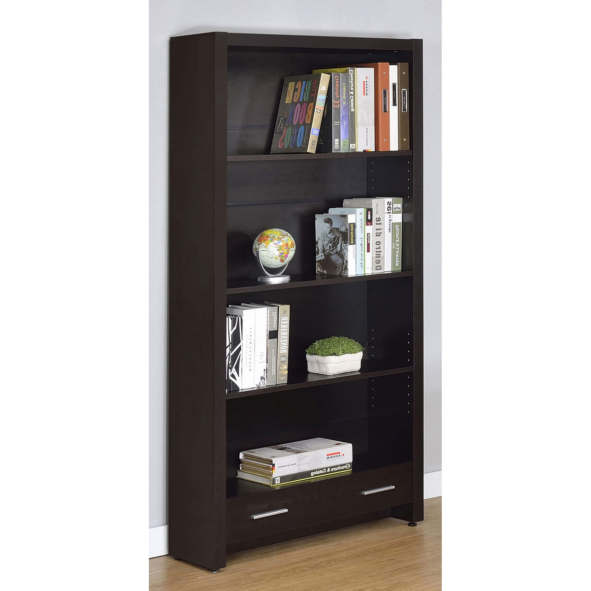 Cappuccino 5 Shelf Bookcase with Drawer in MDF for Living Room
