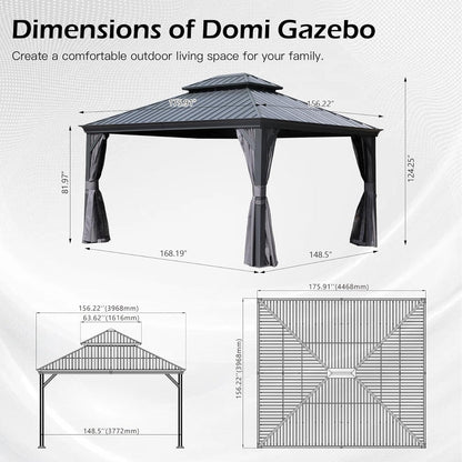13x15FT Metal Garden Gazebo with Steel Double Roof for Outdoor Living