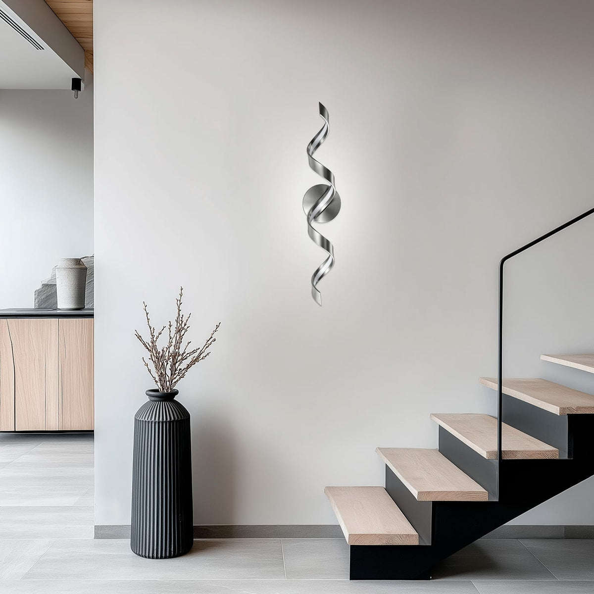Nickel Metal Bathroom Wall Sconce - Spiral LED Light Fixture