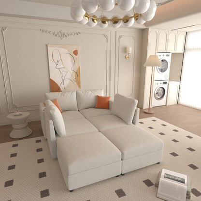 6 Seat Antique White Fabric Storage Sofa with Ottomans
