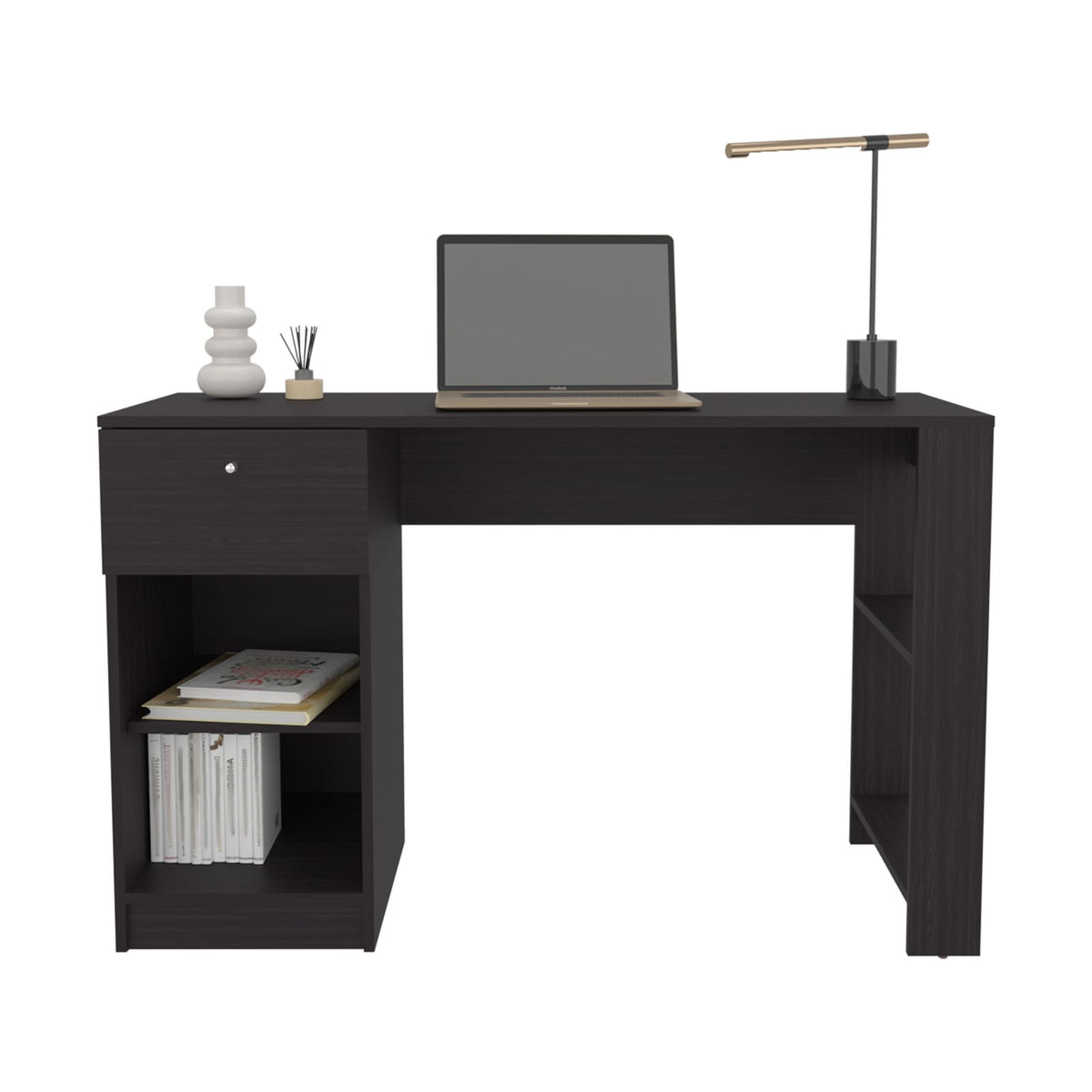 Black Computer Desk - 1 Drawer & 2 Shelves - Storage Workstation