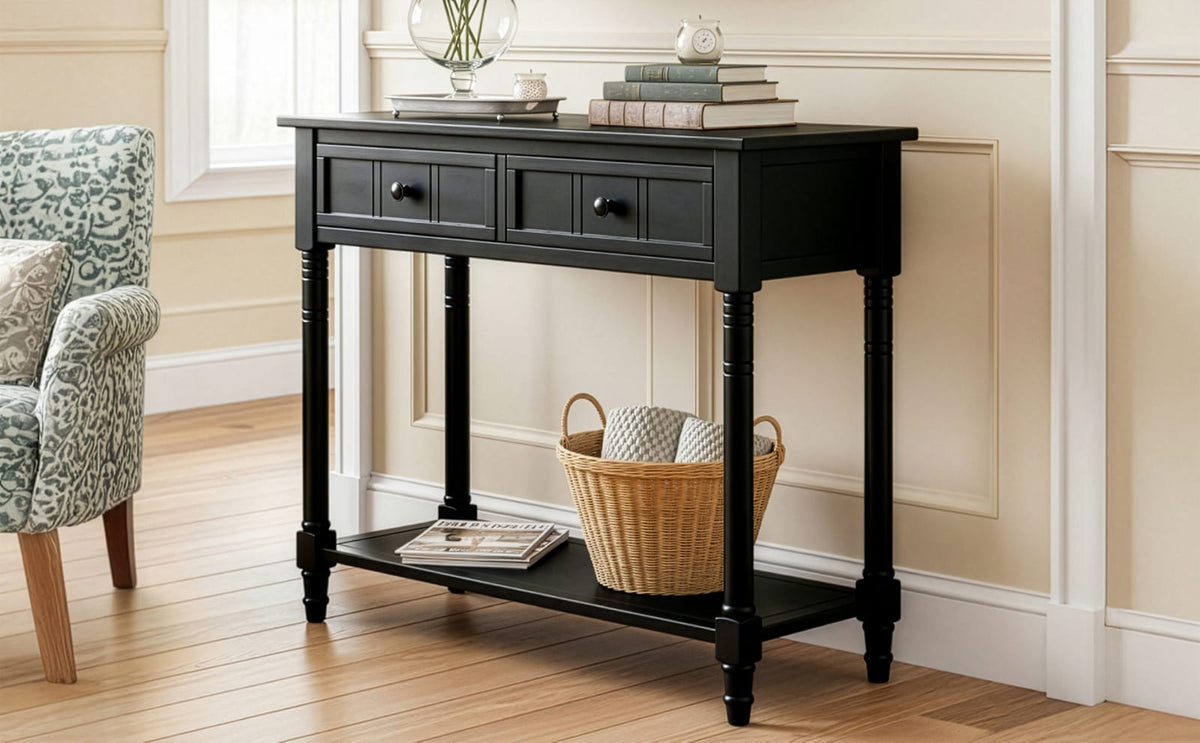 Black Solid Wood Console Table - 35.5" Entryway Table