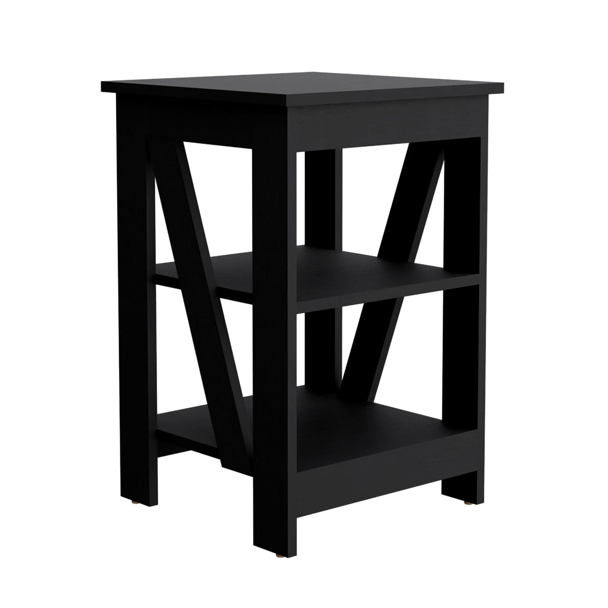Black Rectangle Nightstand with 3 Shelves - Modern Side Table for Bedroom