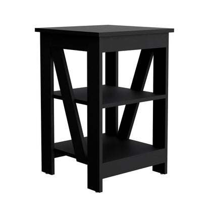 Black Rectangle Nightstand with 3 Shelves - Modern Side Table for Bedroom