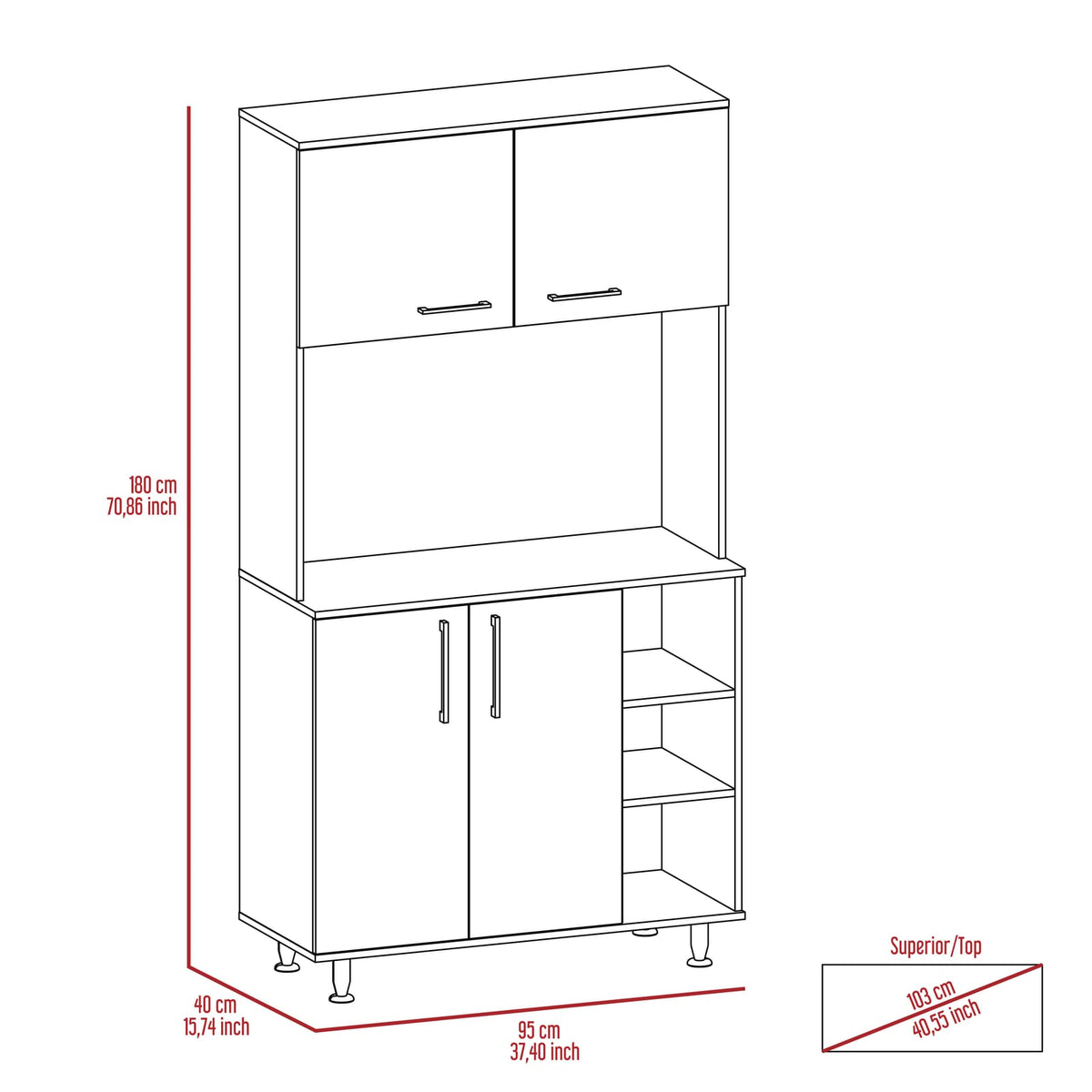 Black Pantry Cabinet with Hutch - 37 Inch Wide Storage