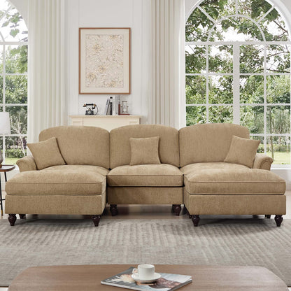 3 Seat Chenille Sectional Sofa - Light Coffee for Living Room