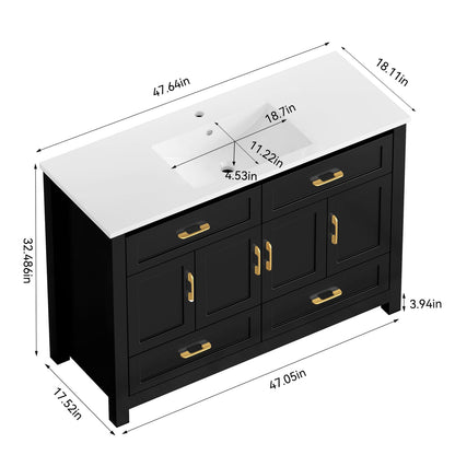 48" Black Bathroom Vanity with Resin Sink - Storage Cabinet, Soft-Close Doors