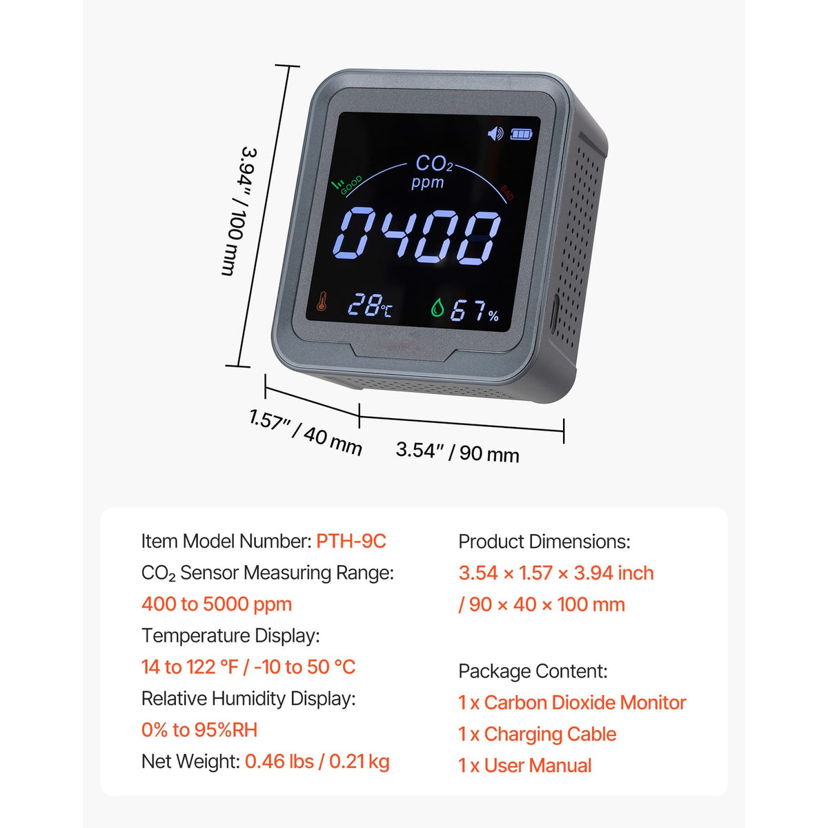 Carbon Dioxide Monitor - CO2 Controller with Temp/Humidity Display, Black