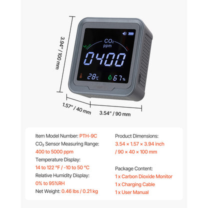 Carbon Dioxide Monitor - CO2 Controller with Temp/Humidity Display, Black