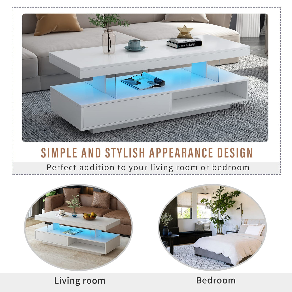 White LED Coffee Table with Storage Drawers
