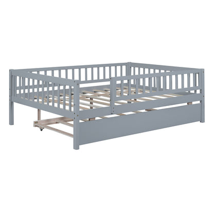 Full Size Gray Wood Daybed with Trundle Frame for Bedroom