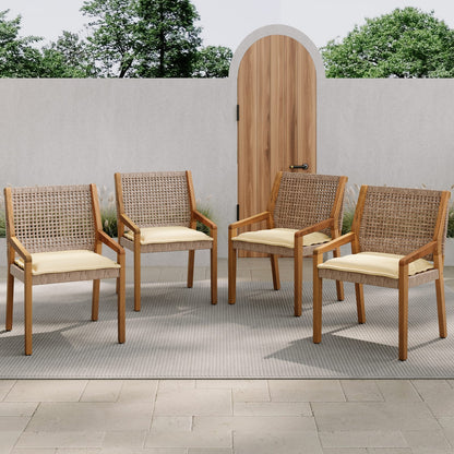 Acacia Wood & Wicker Patio Dining Chairs - Set of 2, Brown Teak Finish