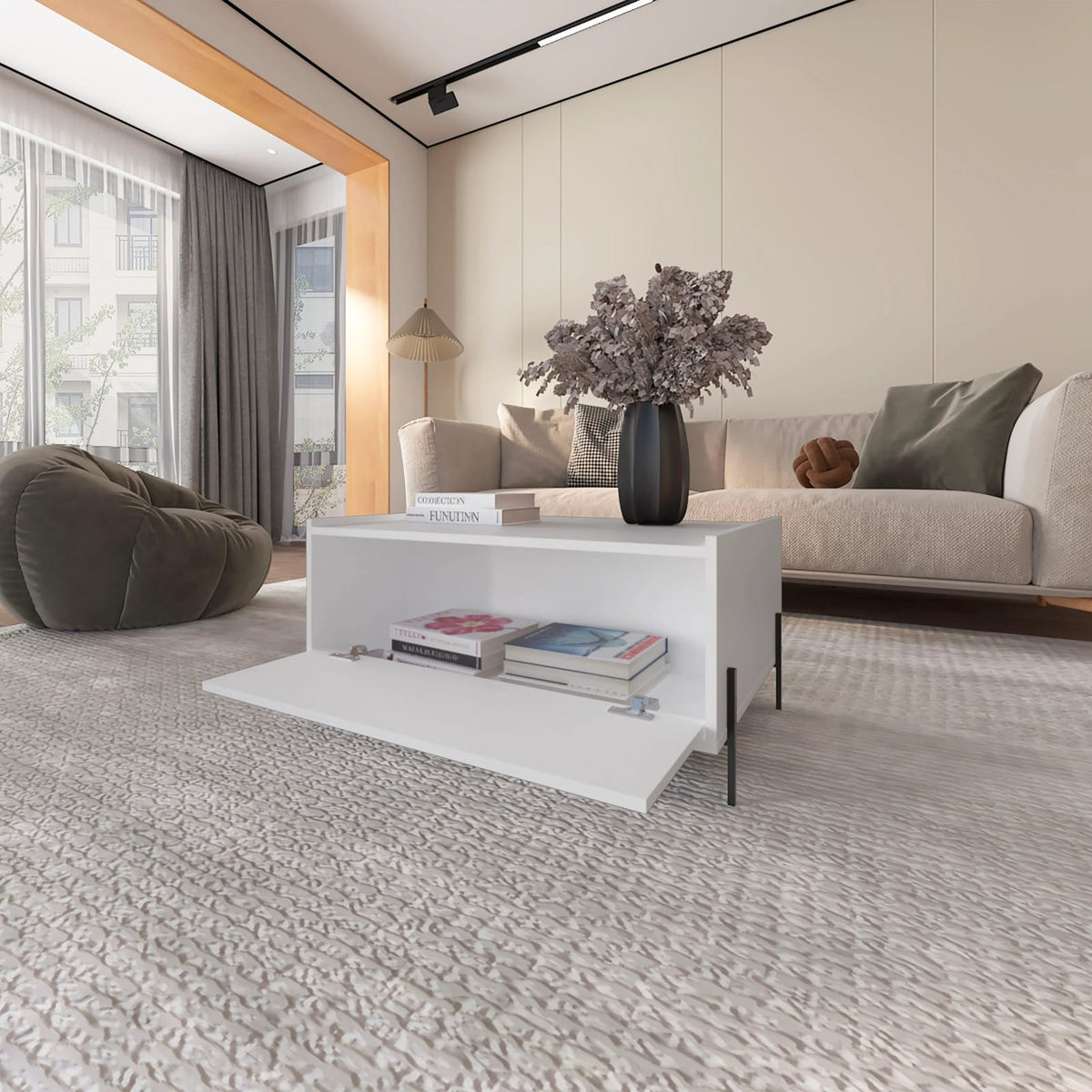White Rectangular Coffee Table with Storage