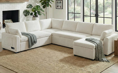 Convertible Sectional Sofa - 5 Seat Beige Corduroy for Living Room