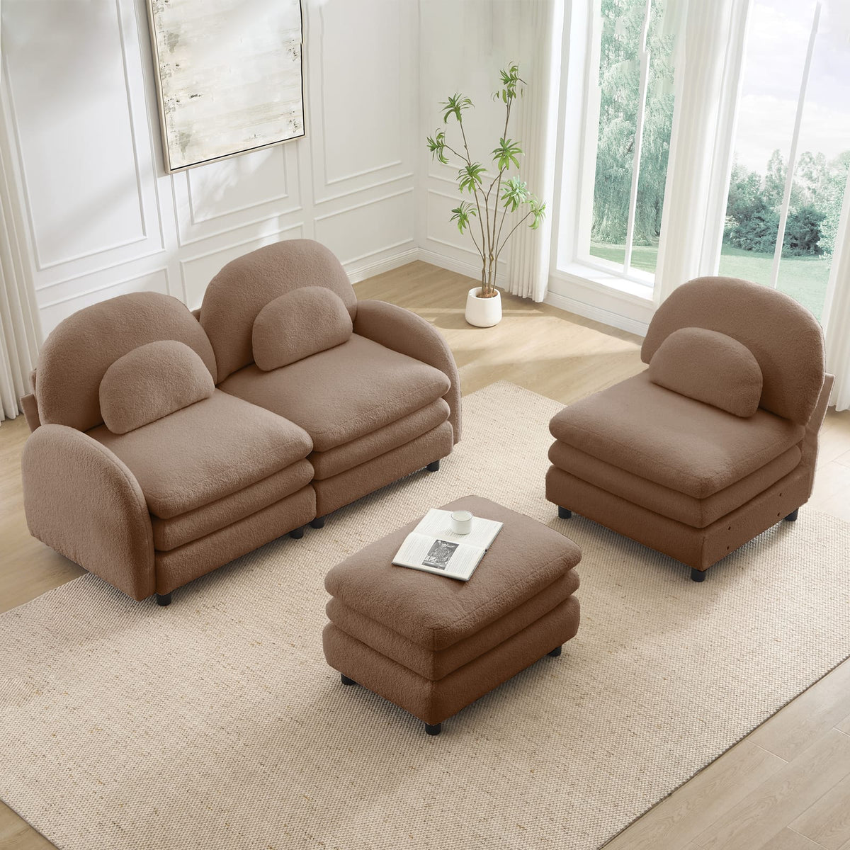 Camel Teddy Fabric 3-Seat Sofa - Curved Backrest & Armrests