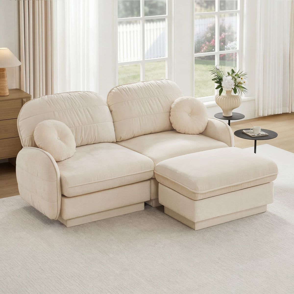 Cream Beige Chenille Cloud Sofa with Ottoman, Modular L-Shape Lounge for Living Room