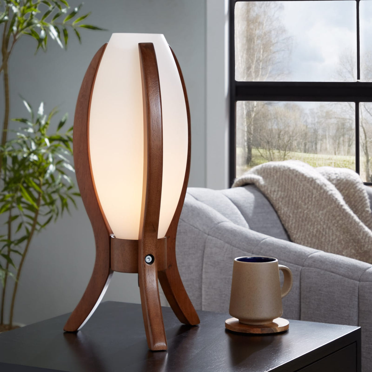 Walnut Frosted Glass Table Lamp with Wood Base for Bedroom Decor