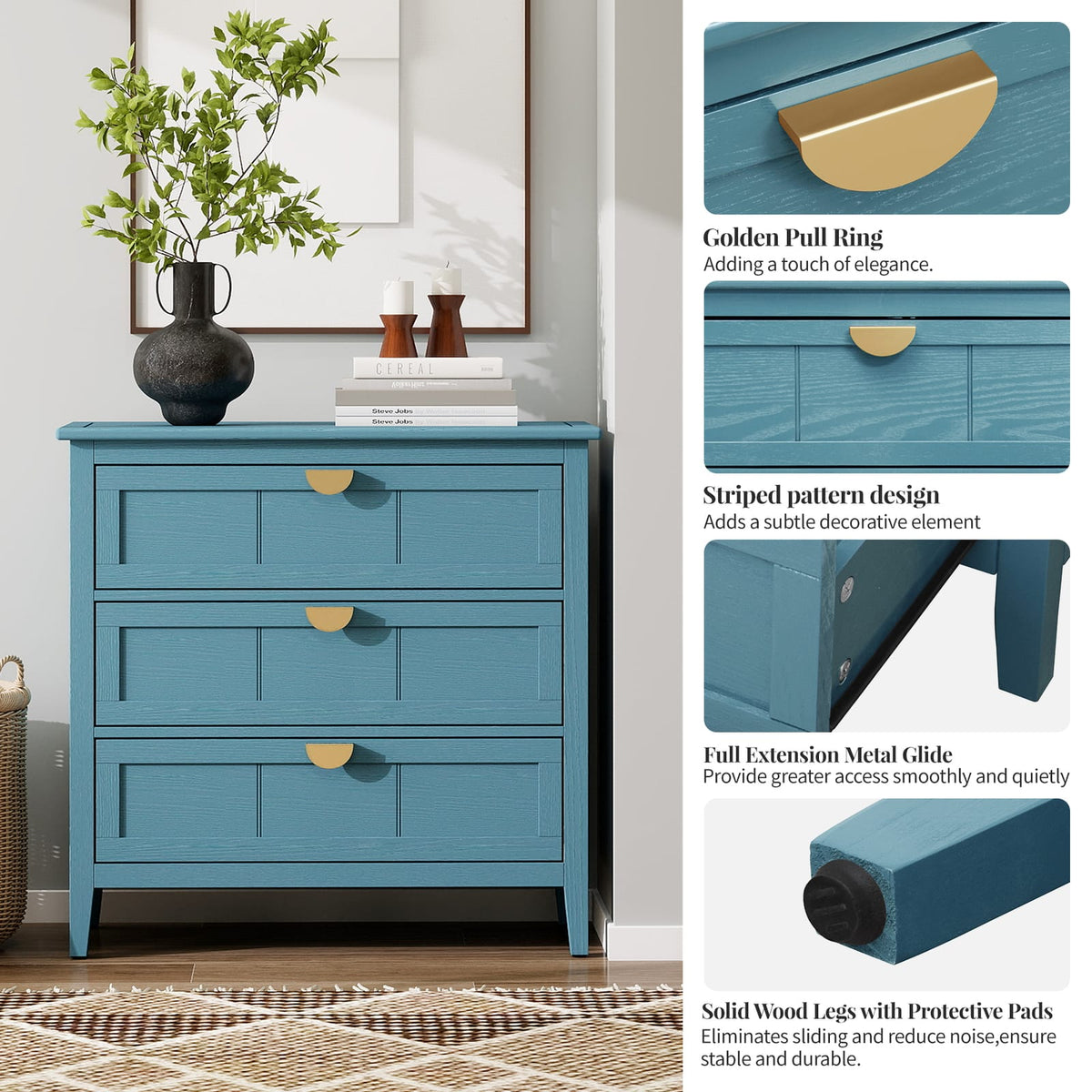 Blue MDF 3 Drawer Cabinet - Bedroom Storage