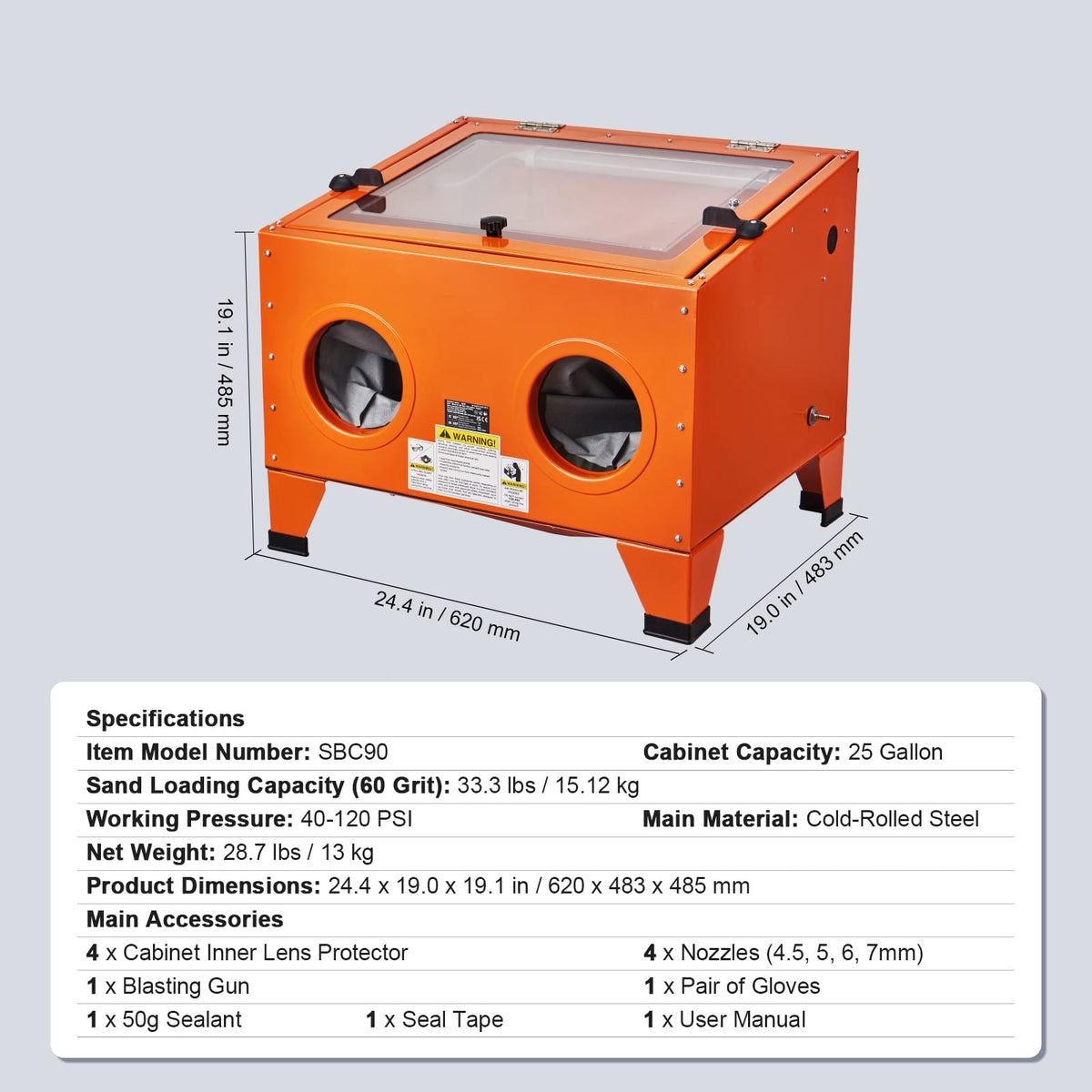 Orange Metal Sandblasting Cabinet - 25 Gallon Capacity