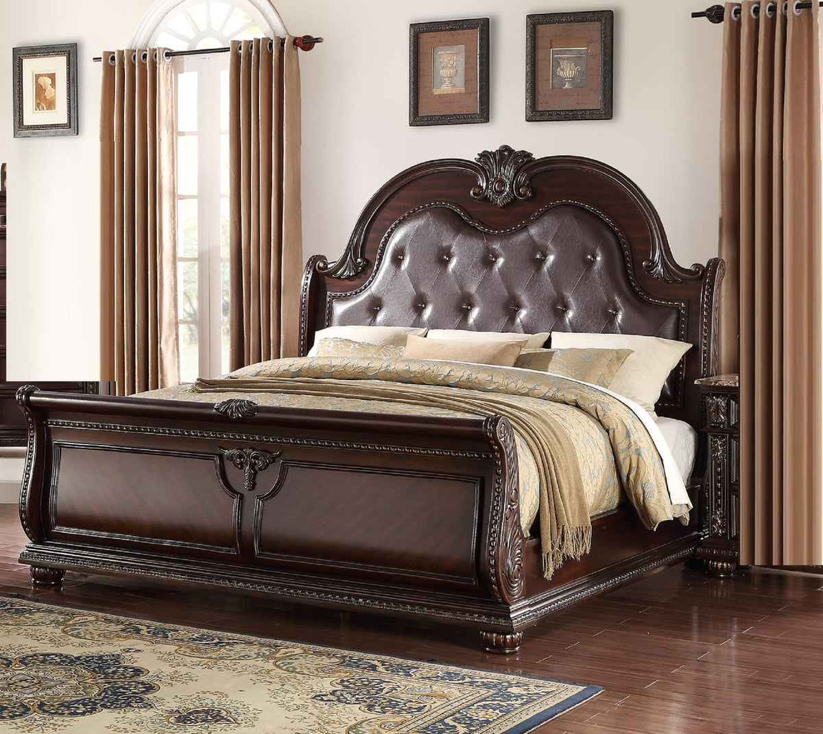 King Size Antique Brown Faux Leather Sleigh Bed for Bedroom